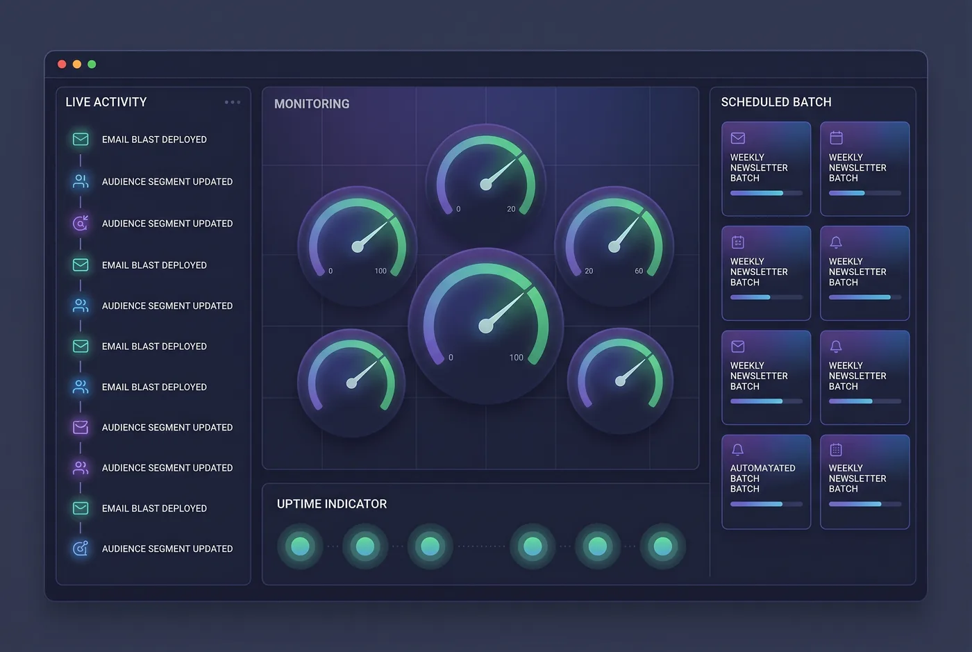 Conceptual illustration of an always-on marketing operations control panel with monitoring gauges, an activity feed, and scheduled campaign tiles