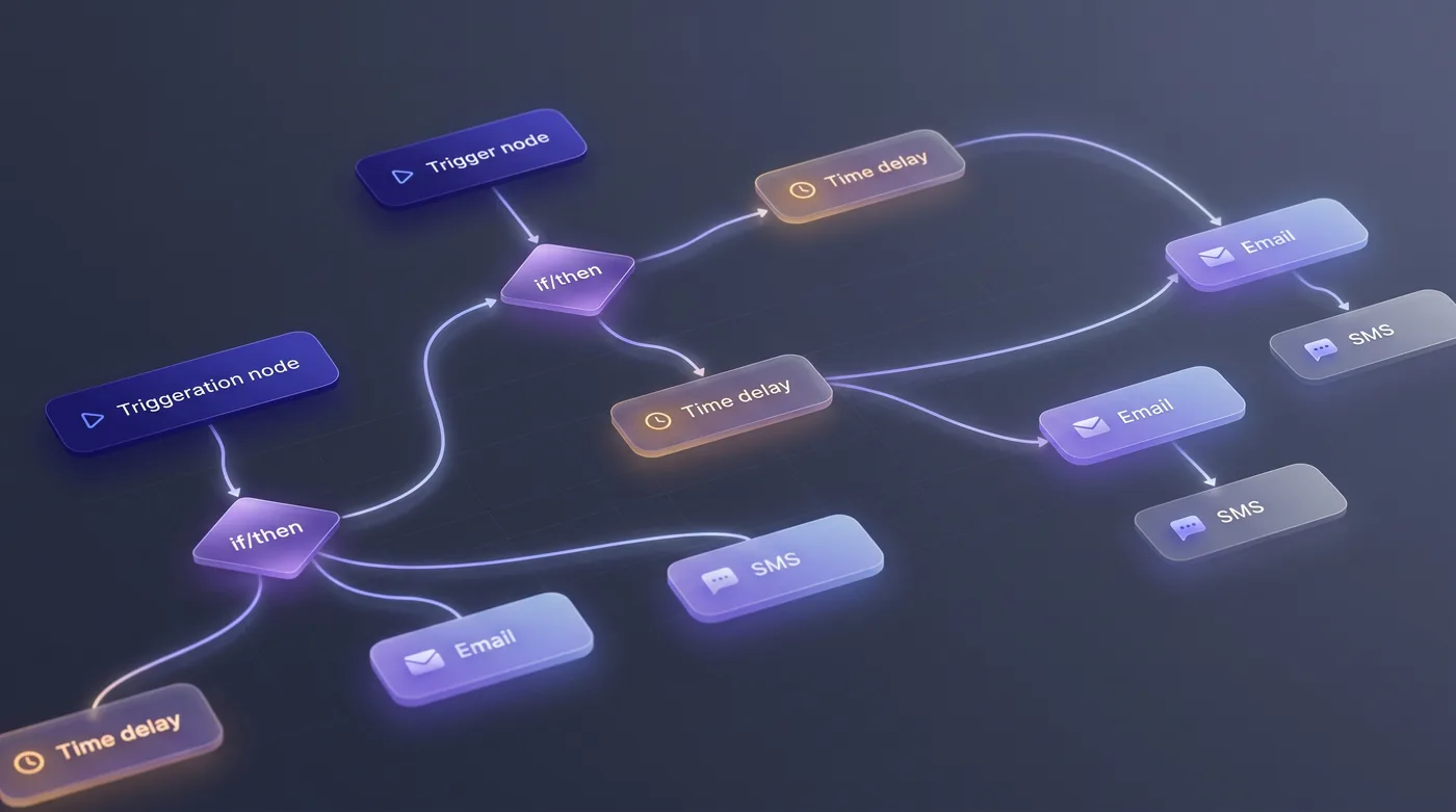 Conceptual visual workflow builder with connected trigger, condition, delay, and action nodes forming an automated customer journey