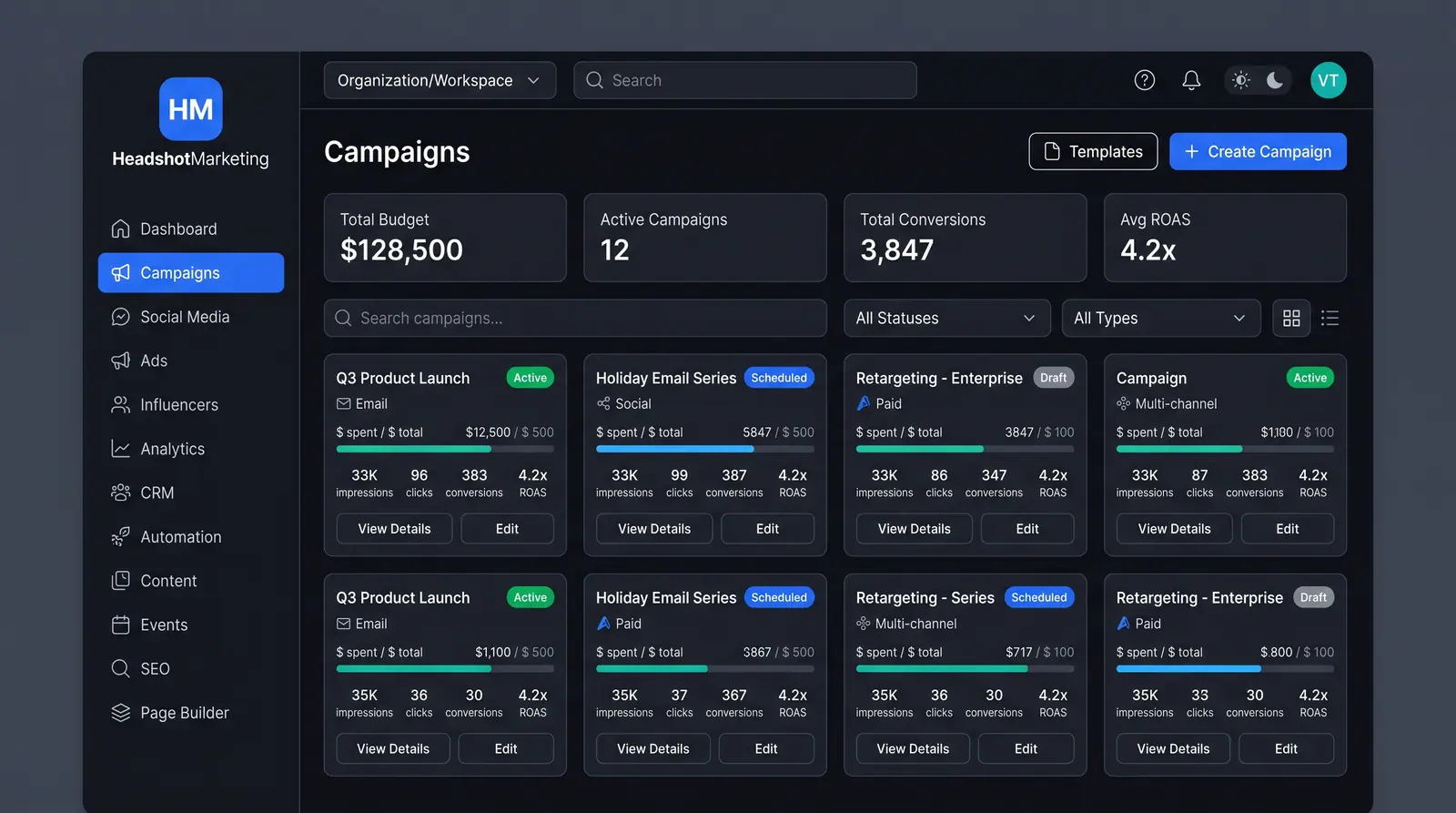Concept illustration of a campaigns page with budget, conversion and ROAS summary cards above a grid of campaign cards with status badges