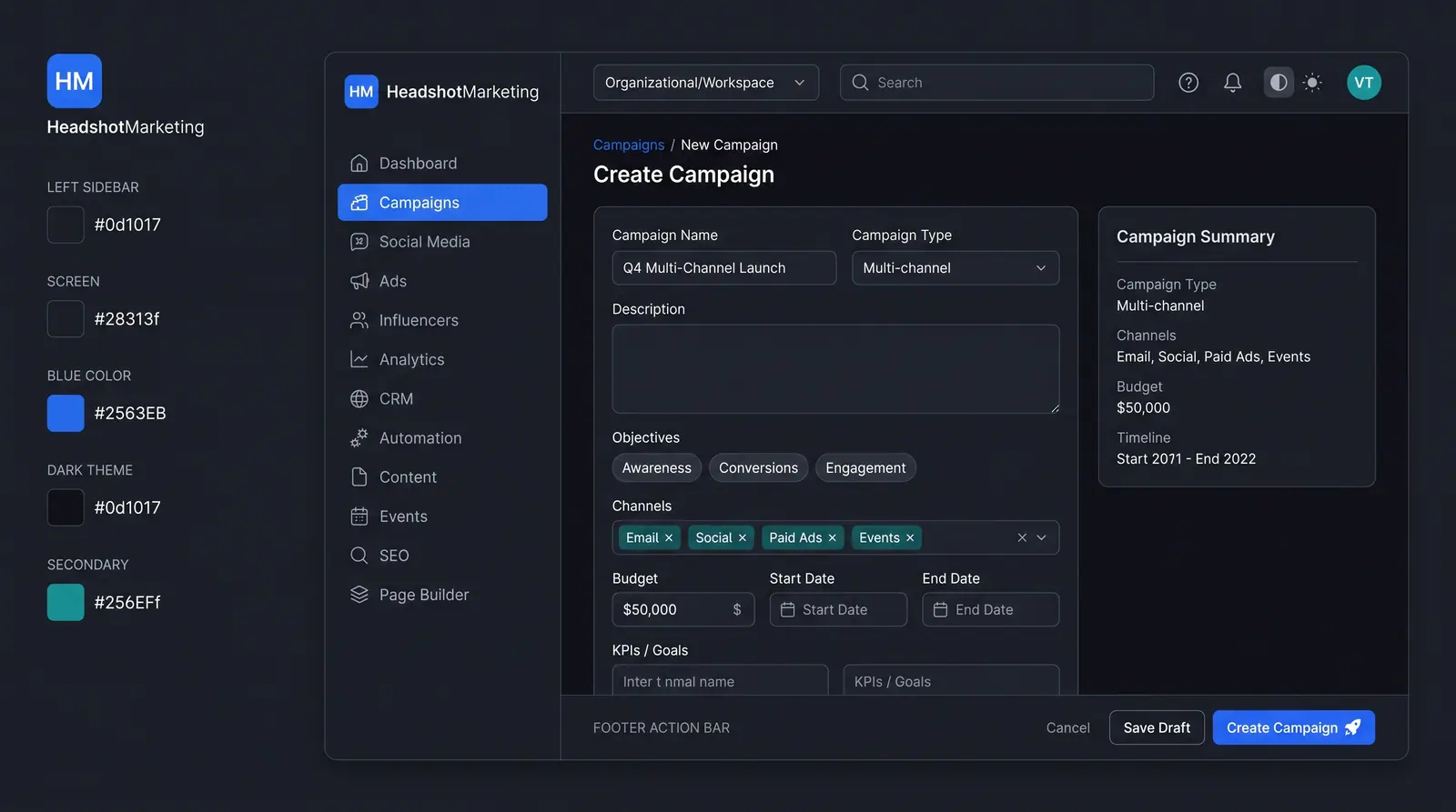 Concept illustration of a create campaign form with objectives, channel tags, budget and dates beside a live campaign summary panel
