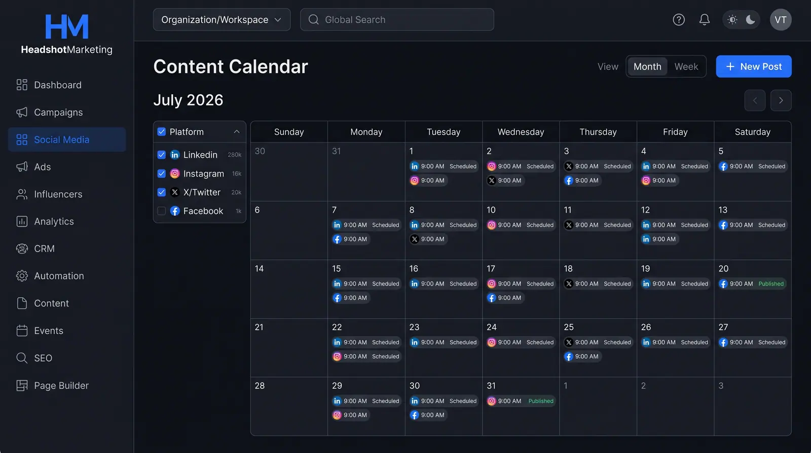 Concept illustration of a monthly social content calendar with platform filters and scheduled and published post chips on each day
