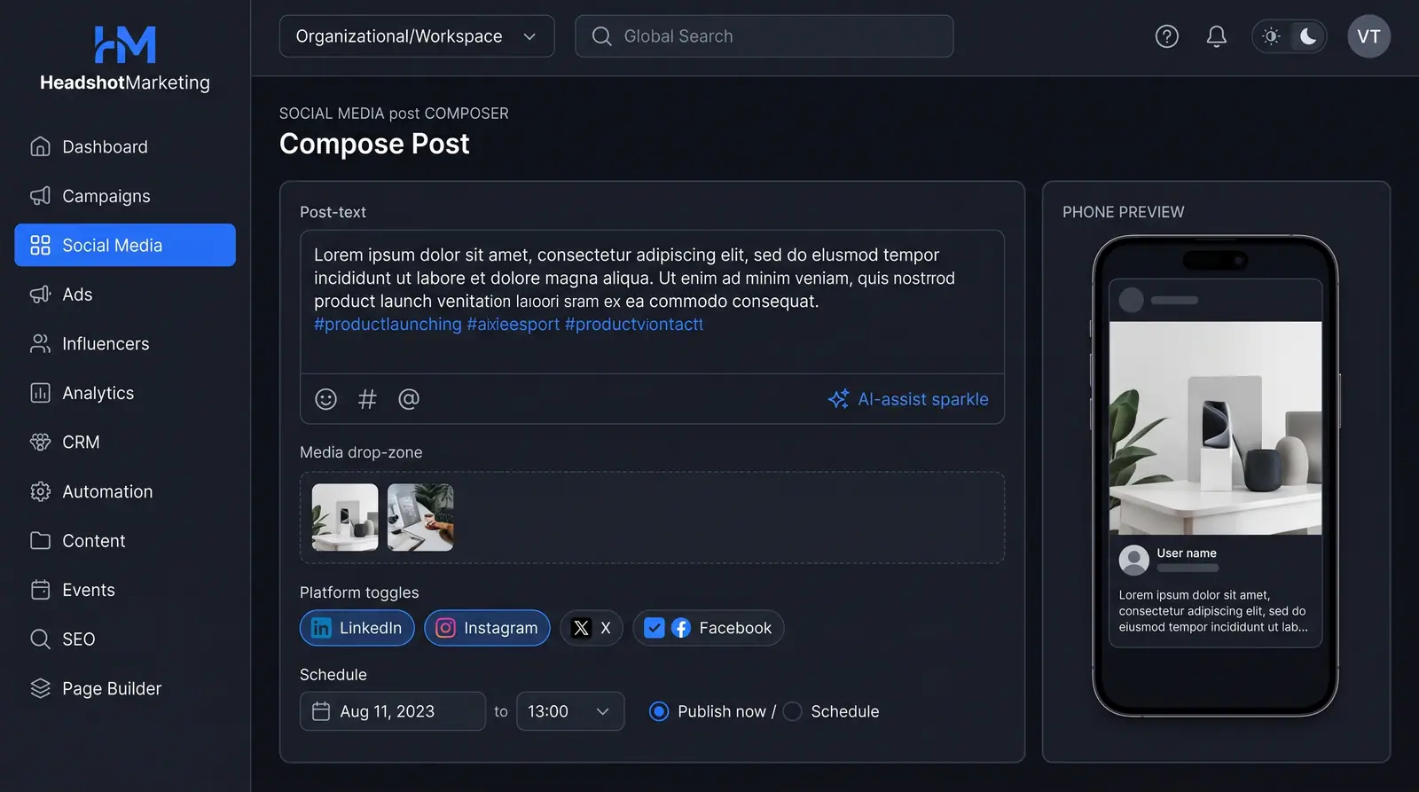 Concept illustration of a social post composer with text tools, media uploads, platform toggles and scheduling beside a phone preview