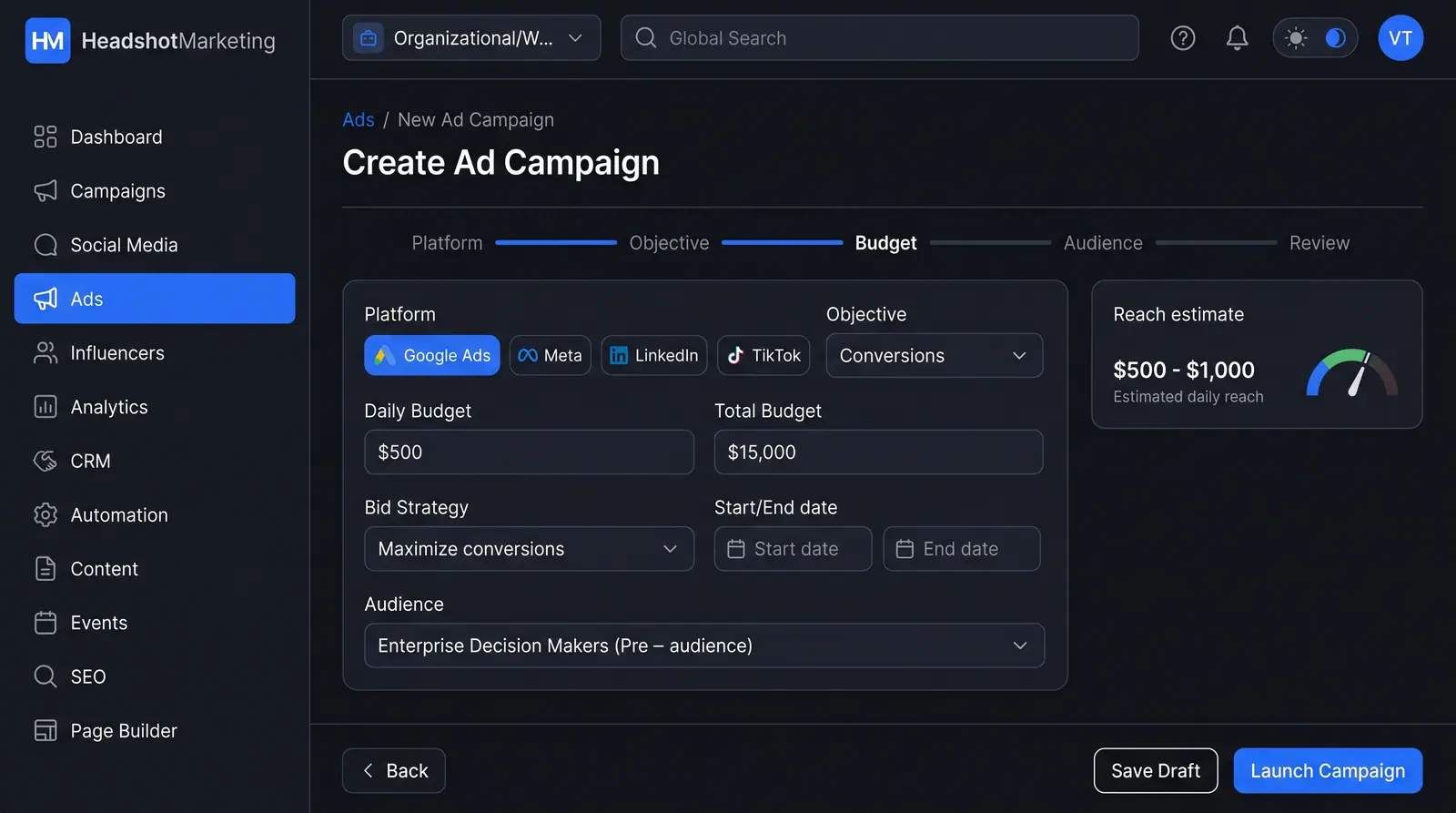 Concept illustration of a create ad campaign wizard on its budget step with platform, objective, bid strategy, audience and a reach estimate