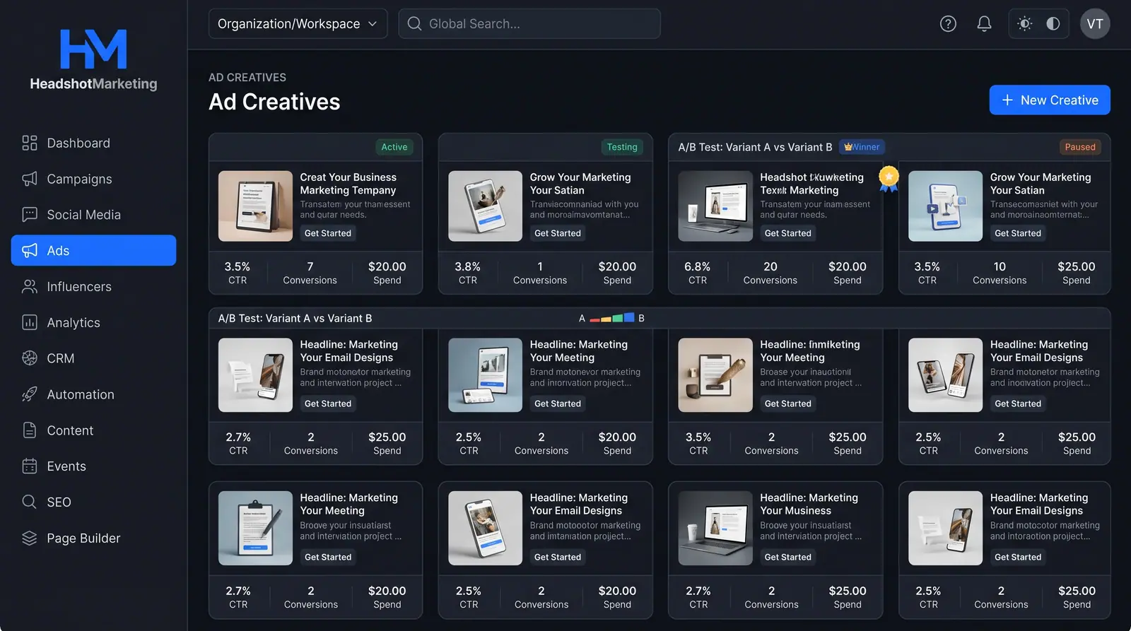 Concept illustration of an ad creatives gallery with CTR, conversions and spend per card, status badges and A/B test blocks marking a winner