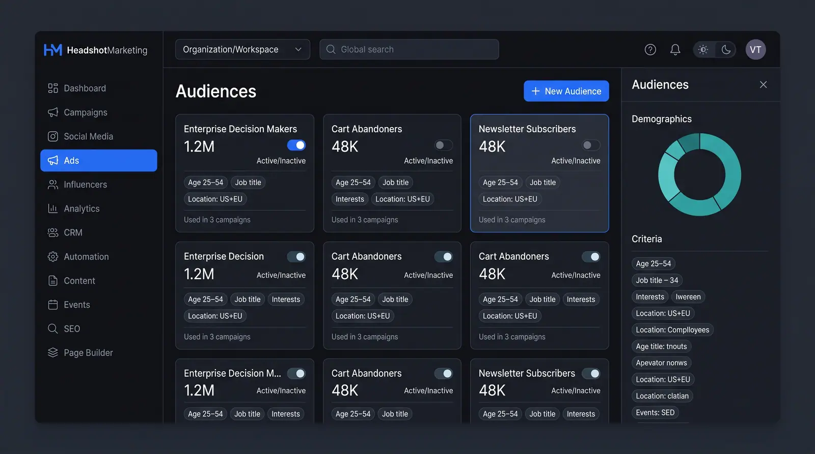 Concept illustration of an audiences page with segment cards showing size, active toggles and criteria chips, plus a demographics side panel