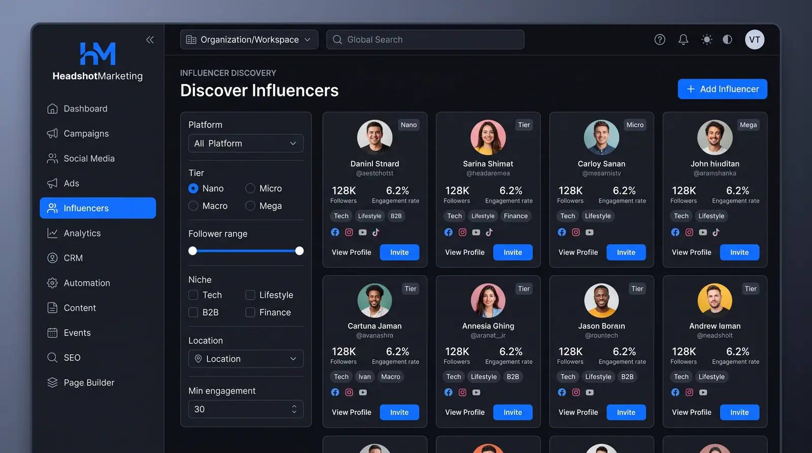 Concept illustration of an influencer discovery page with platform, tier, niche and engagement filters beside a grid of creator cards
