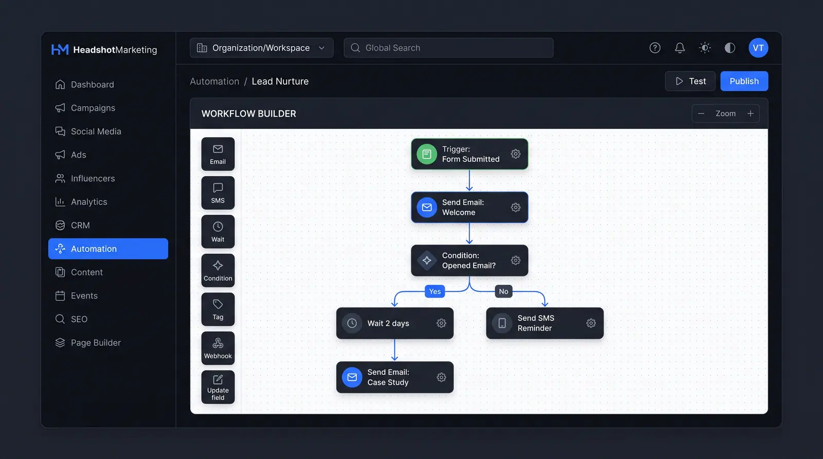 Concept illustration of a visual workflow builder with a step palette and a flow that sends a welcome email and branches on whether it was opened