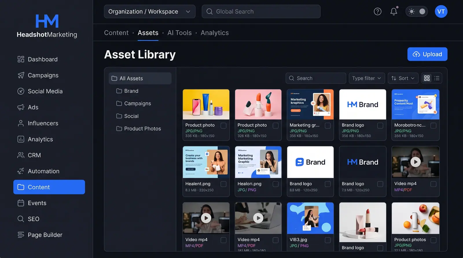 Concept illustration of the HeadshotMarketing asset library with a folder tree and a grid of product photos, brand logos, graphics and videos
