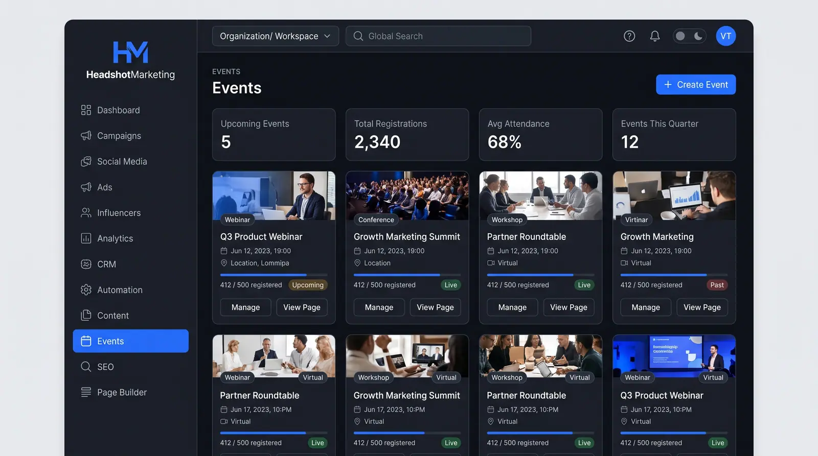 Concept illustration of the HeadshotMarketing events page with registration summary cards and a grid of webinar, conference and workshop cards