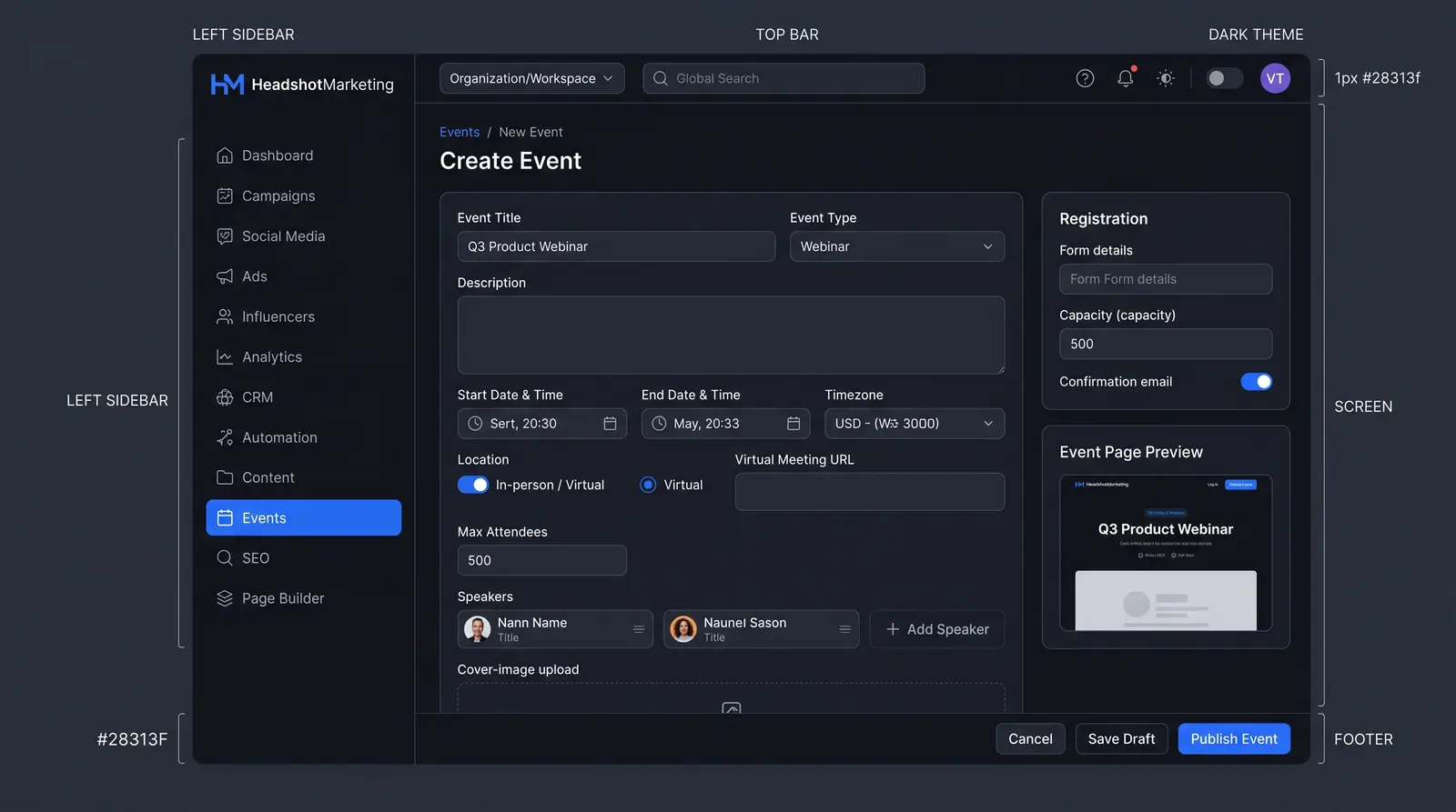 Concept illustration of the HeadshotMarketing Create Event form with schedule, location, speakers and registration beside an event page preview