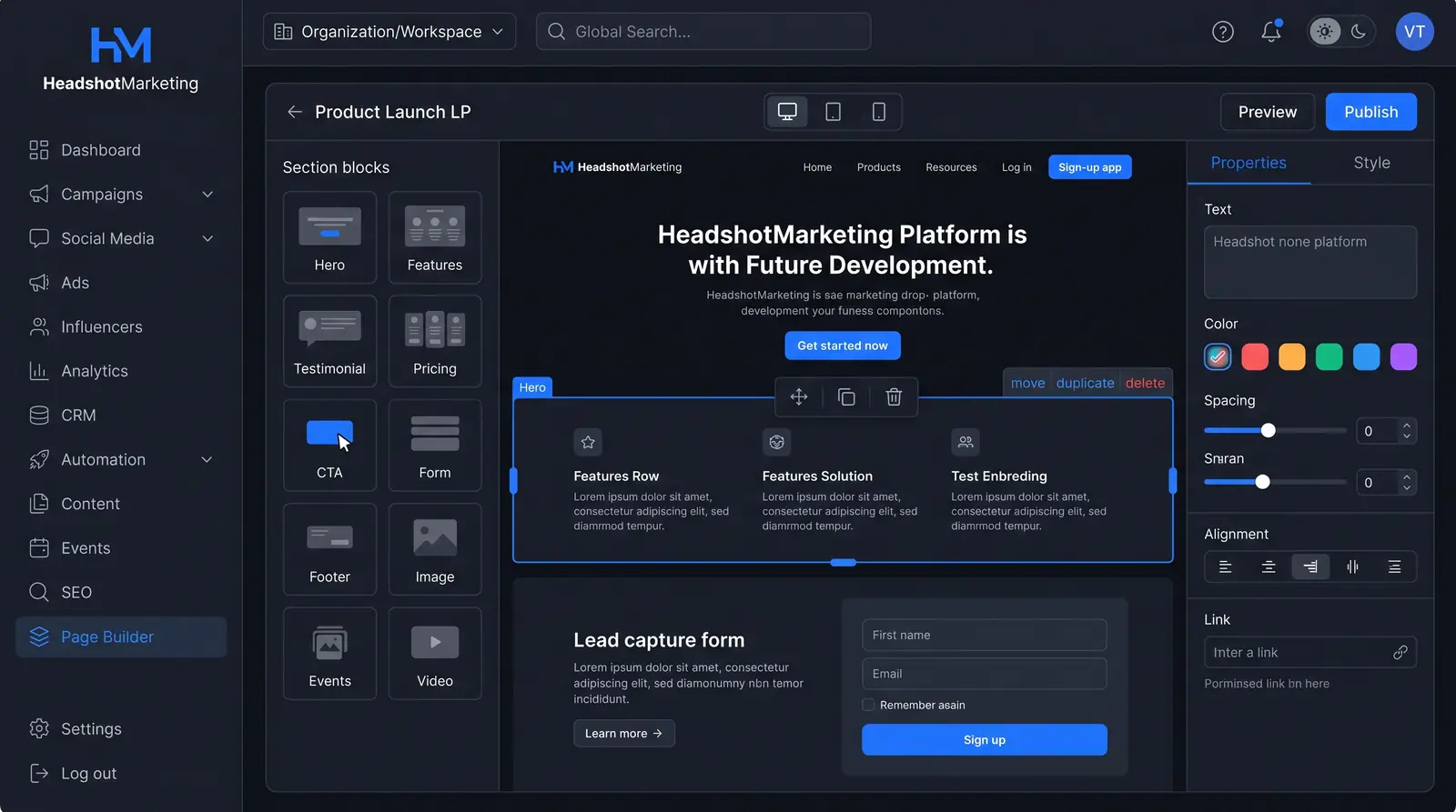 Concept illustration of the HeadshotMarketing page builder: a section block palette, a landing page canvas with a lead form, and a properties panel