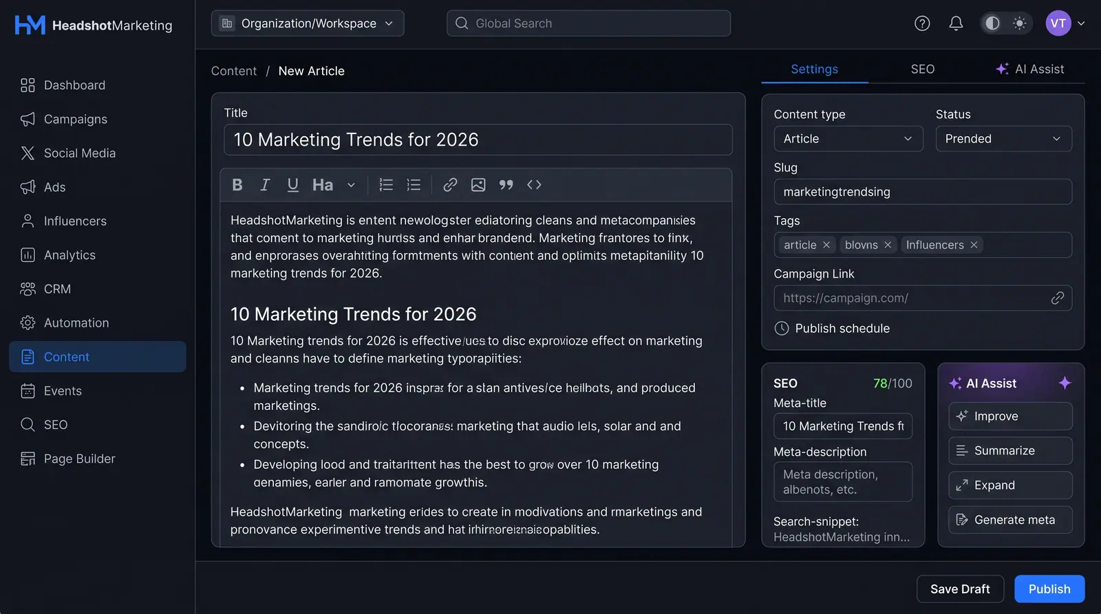 Concept illustration of the HeadshotMarketing article editor with a rich-text body, a settings panel, an SEO score card and AI Assist actions