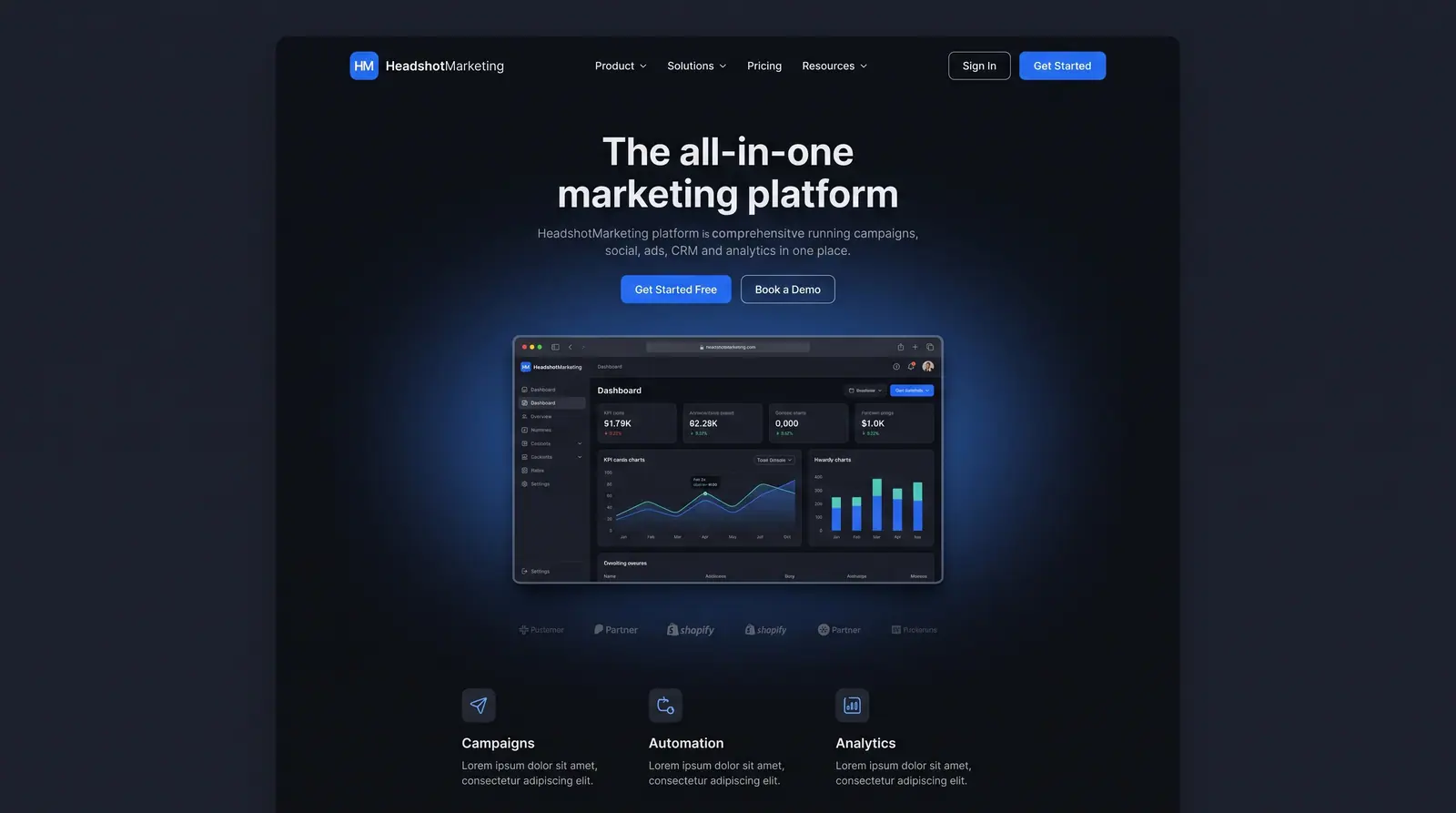Concept illustration of a dark marketing platform landing page with a headline, two call-to-action buttons and a dashboard preview