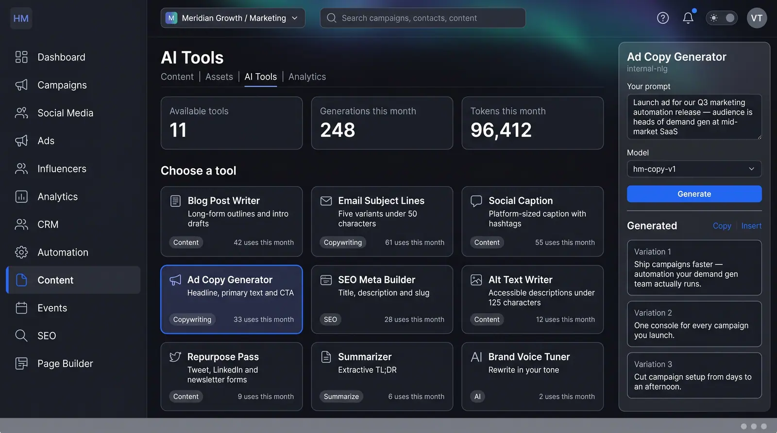 Concept illustration of HeadshotMarketing AI tools with usage cards, a nine-tool grid and an ad copy panel showing three generated variations
