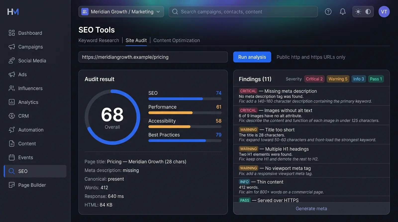 Concept illustration of a HeadshotMarketing site audit: overall and category scores, page facts, and findings sorted by severity with suggested fixes