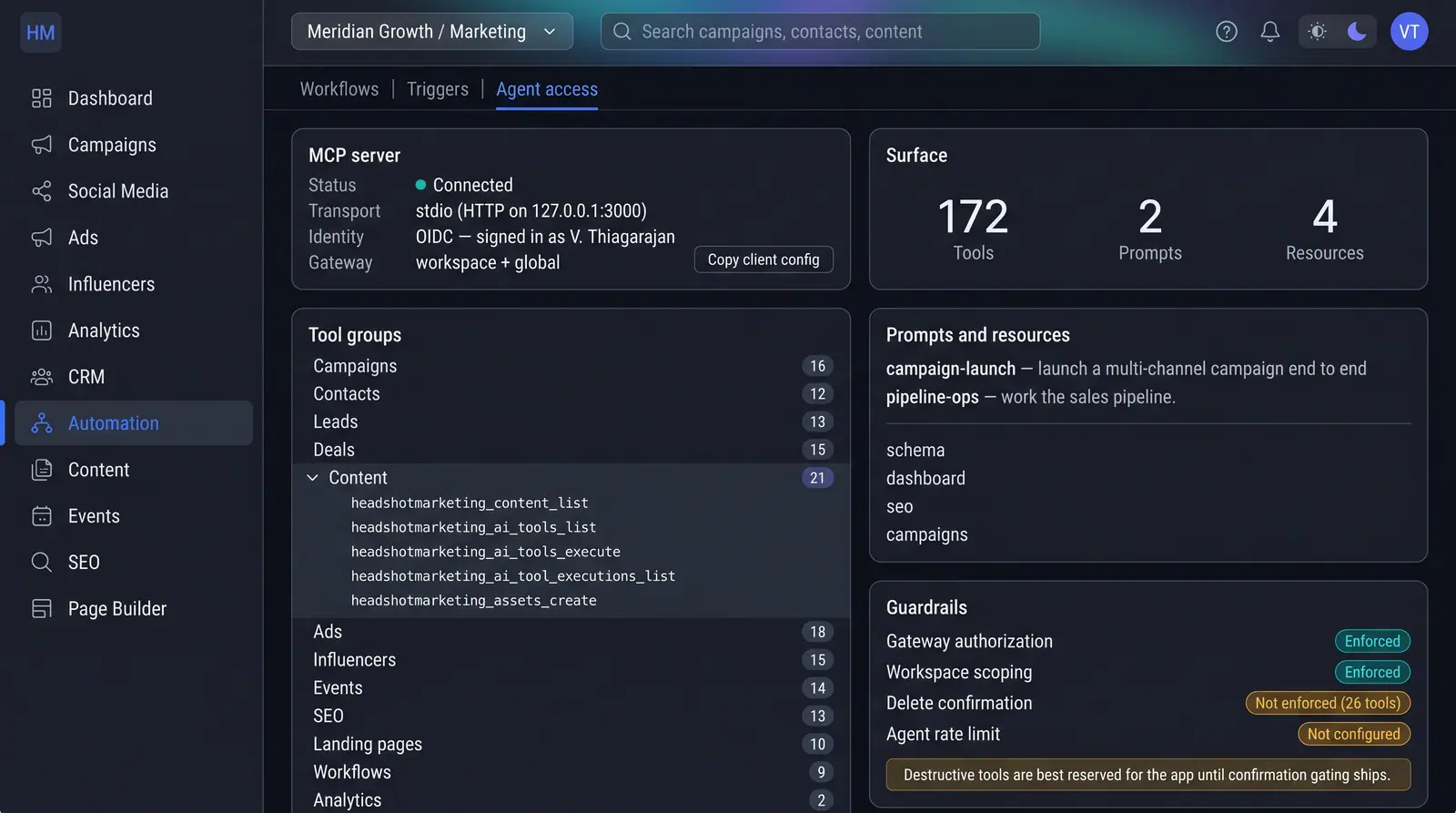 Concept illustration of an agent access tab with MCP server status, tool groups and counts, ready-made agent tasks, and guardrail status badges
