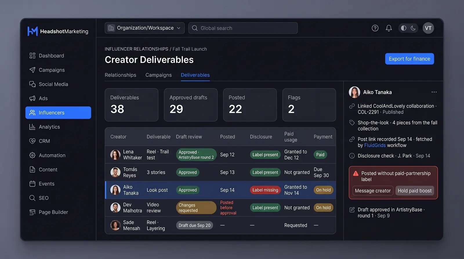 Concept illustration of a creator deliverables table with draft review, disclosure, paid usage and payment, beside a missing-label alert panel