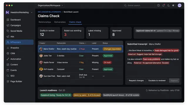 Concept illustration of a creator claims check table with flags and label status, a transcript panel of ruled-out phrases and a launch readiness strip