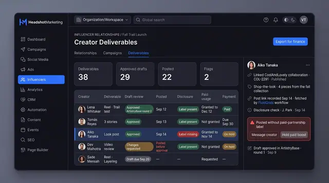Concept illustration of a creator deliverables table with draft review, disclosure, paid usage and payment, beside a missing-label alert panel