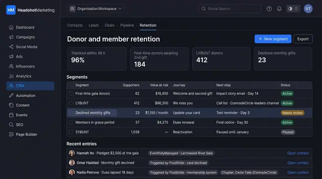 Concept illustration of a donor and member retention page with LYBUNT, SYBUNT, declined gift and grace-period segments and sourced recent entries